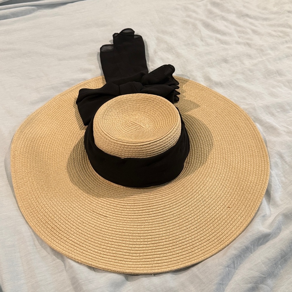 Wide Brim Straw Hat with Black Ribbon